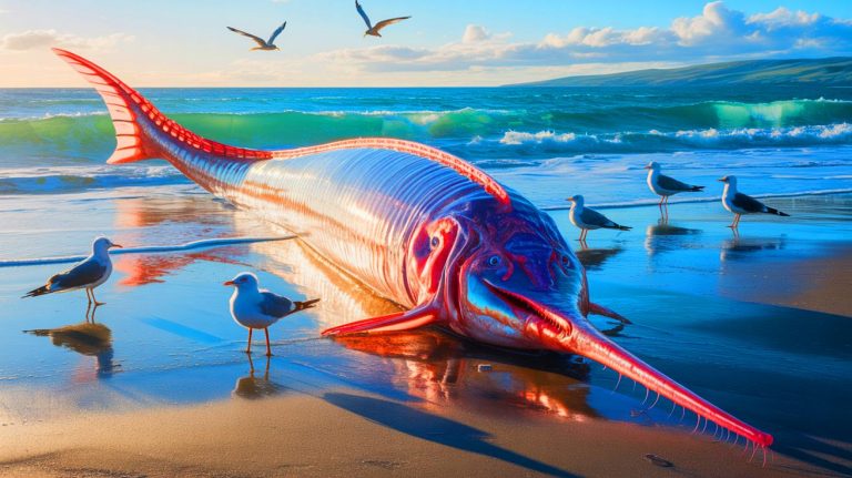 “They Look Terrifying”: Scientists Stunned As Three Massive Apocalypse Fish Suddenly Appear on US Shores Within Days Illustration of a giant oarfish washed ashore, capturing the intrigue and mystery surrounding these elusive deep-sea creatures.