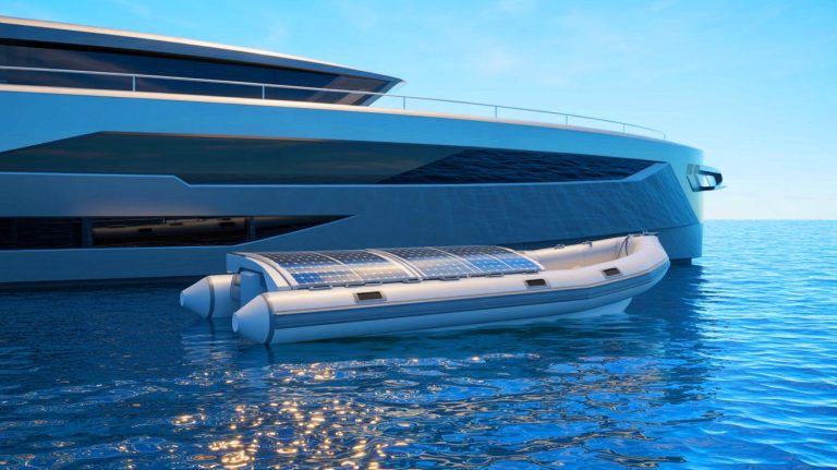 “They ditched gas for sun power”: Solar-eJET Tender Debuts With Yacht-Charged Battery and Whisper-Quiet 22 kW Electric Jet Drive Illustration of the Sunpower Solar-eJET 3.3m tender recharging through a yacht's integrated solar energy system.