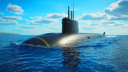 Illustration of an AUKUS submarine at sea.