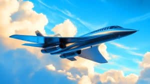 Illustration of the Spike S-512 Diplomat supersonic jet designed to reduce New York–Paris travel time to under four hours.