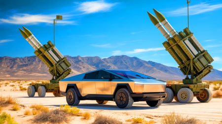 Illustration of Tesla Cybertrucks being used as missile practice targets by the U.S. Air Force.