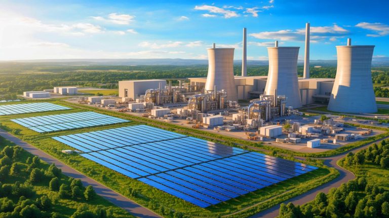 Illustration of the transformation of Phipps Bend Nuclear Plant into a polysilicon manufacturing hub.
