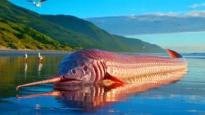Illustration of the elusive oarfish recently found along the coasts of Tasmania and New Zealand.