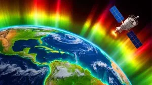 Illustration of the South Atlantic Anomaly affecting Earth's magnetic field and space technology.