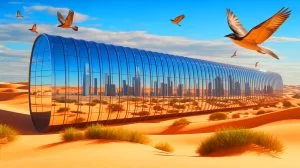 Illustration of Saudi Arabia's ambitious Line project transforming the desert into a futuristic cityscape.