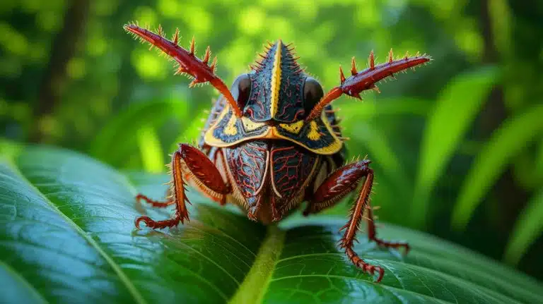 Illustration of a treehopper with its bizarre body shape, highlighting its potential use in detecting static electricity.