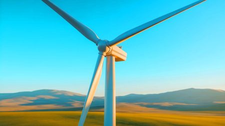 Illustration of a two-bladed wind turbine prototype demonstrating efficiency advancements.