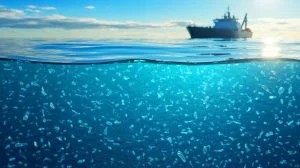 Illustration of billions of nanoplastics polluting the North Atlantic Ocean.