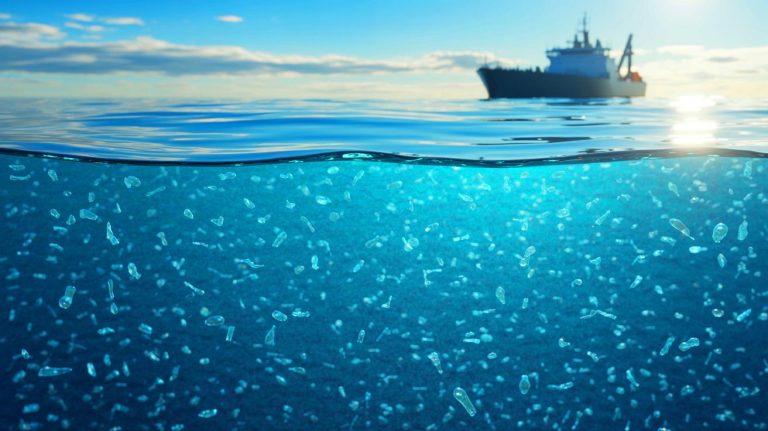 Illustration of billions of nanoplastics polluting the North Atlantic Ocean.