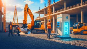 Illustration of hydrogen fuel cells transforming the construction industry.