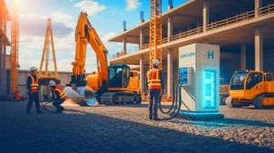 Illustration of hydrogen fuel cells transforming the construction industry.