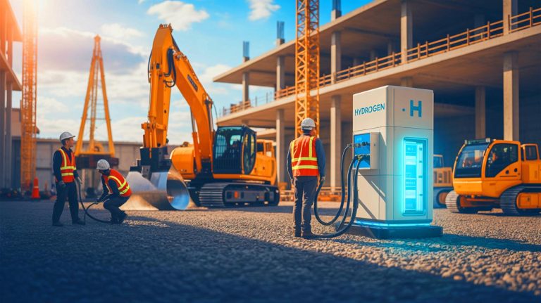 Illustration of hydrogen fuel cells transforming the construction industry.