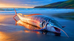 Illustration of giant oarfish washed ashore on a beach.