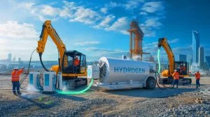 Illustration of the transition to hydrogen fuel cells in sustainable construction.