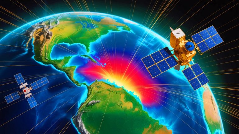 Illustration of the South Atlantic Anomaly affecting Earth's magnetic field and satellite technology.