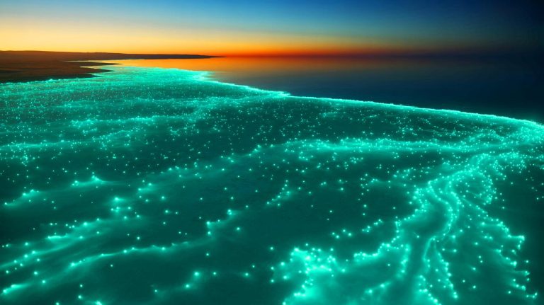 NASA Scientists Shocked As Colossal Bioluminescent Sea Entity Emerges, Casting Light Over Vast Distances And Igniting Global Speculation Illustration of NASA satellite capturing a bioluminescent phytoplankton bloom off Australia's coast.