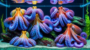 Illustration of ethical and environmental debates surrounding octopus farming.