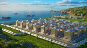 Illustration of NuScale Power Corporation's integrated energy system combining small modular reactors and desalination facilities.