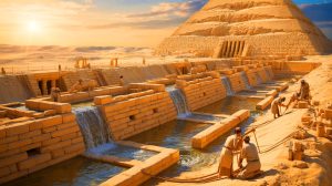 Illustration of a sophisticated water management system around the Pyramid of Djoser in ancient Egypt.