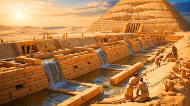 “Water Rising in Stone”: Pyramid of Djoser Dam Discovery Sparks Fierce Clash as US Scholars Defy Egypt’s Official Construction Narrative Illustration of a sophisticated water management system around the Pyramid of Djoser in ancient Egypt.