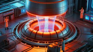 Illustration of China's Experimental Advanced Superconducting Tokamak (EAST) achieving a record in nuclear fusion research.