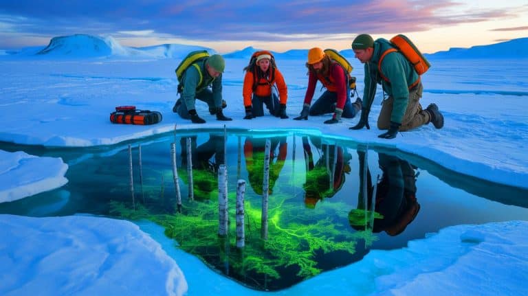 Illustration of scientists discovering an ancient forest beneath the Arctic ice.