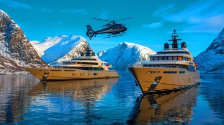 Illustration of Mark Zuckerberg's superyachts in the Norwegian fjords for a heliskiing adventure.