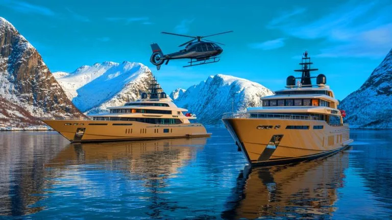 “He Sailed 5,280 Miles to Ski”: Mark Zuckerberg Moves Two $330 Million Superyachts to Norway to Bypass Helicopter Laws Illustration of Mark Zuckerberg's superyachts in the Norwegian fjords for a heliskiing adventure.