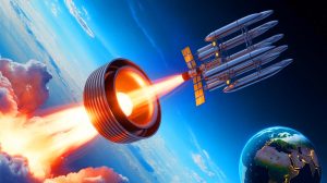 Illustration of centrifugal cannon technology revolutionizing satellite launches.