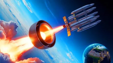 Illustration of centrifugal cannon technology revolutionizing satellite launches.