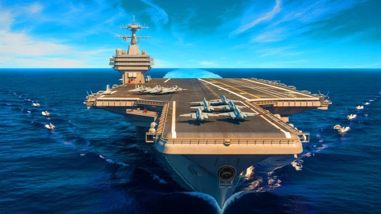 “Warship Stuns With 100-Foot Guns”: Shocked Crews Describe Towering Beast As Nations Panic Over Rising Naval Arms Race Illustration of the USS Gerald R. Ford aircraft carrier showcasing its advanced technological features.