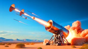 Illustration of SpinLaunch's giant centrifugal cannon poised to launch pancake-like microsatellites into low-Earth orbit.