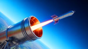Illustration of SpinLaunch's centrifugal cannon technology for satellite deployment.