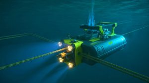 Illustration of a sophisticated cable-cutting device operating underwater at significant depths.