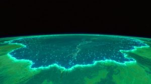 Illustration of a bioluminescent phytoplankton bloom captured by NASA satellites off Australia's southern coast.