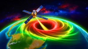 Illustration of the South Atlantic Anomaly impacting Earth's magnetic field and space technology.