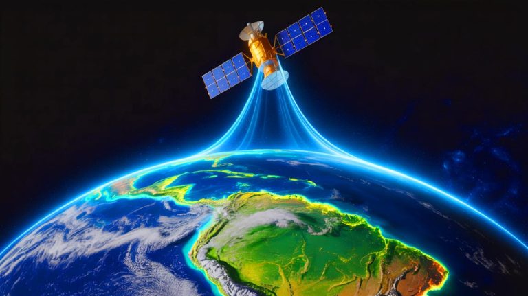 Illustration of the South Atlantic Anomaly's impact on space technology and Earth's magnetic field.