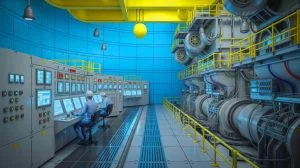 Illustration of a technician working at a nuclear power plant with safety protocols in focus.