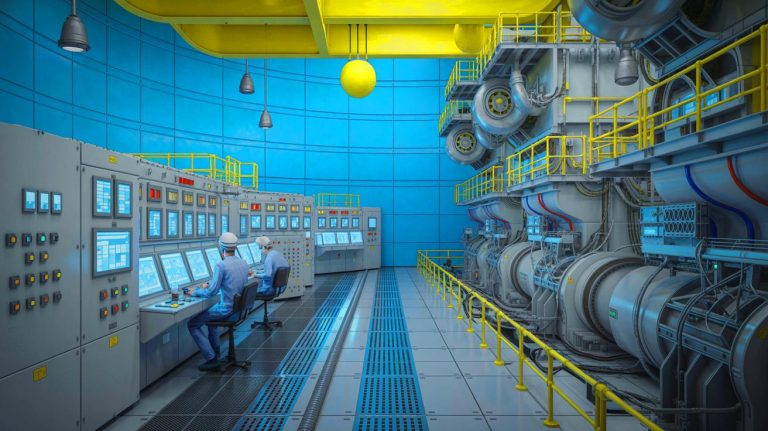 Illustration of a technician working at a nuclear power plant with safety protocols in focus.