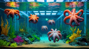 Illustration of the ethical and environmental debates surrounding octopus farming.