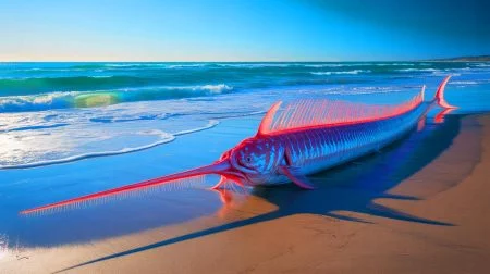 Illustration of giant oarfish washed ashore on a coastline.