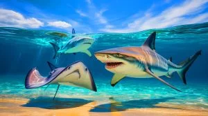 Illustration of a shark and stingray interaction near Florida's Gulf Coast.