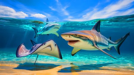 Illustration of a shark and stingray interaction near Florida's Gulf Coast.