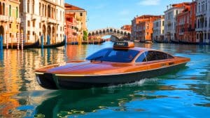 Illustration of the first fully electric Venetian water taxi navigating the iconic canals of Venice.