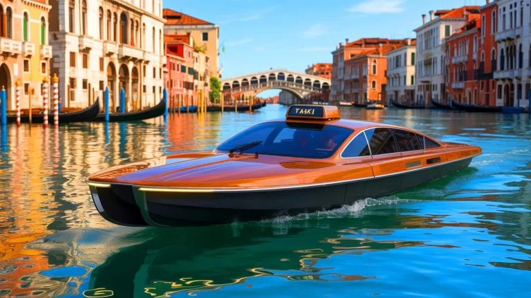 Illustration of the first fully electric Venetian water taxi navigating the iconic canals of Venice.
