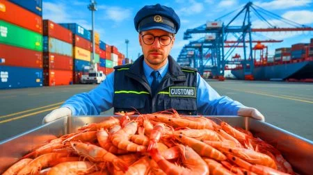 Illustration of frozen shrimp shipment inspection for radioactive contamination.