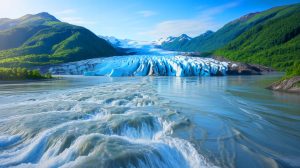 Illustration of a home collapsing due to erosion from a glacial outburst flood in Juneau, Alaska.