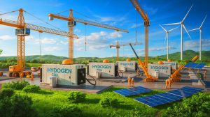 Illustration of hydrogen fuel cells powering a sustainable construction site.