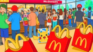 Illustration of the chaotic scene at a McDonald’s location in Japan with abandoned Happy Meal bags due to the Pikachu card frenzy.