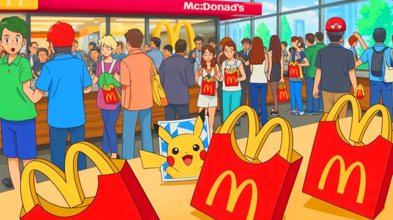 McDonald’s Chaos Erupts as “Cards mattered more than meals” in Japan’s Pikachu Giveaway, Forcing Early End to Pokémon Happy Meal Deal Illustration of the chaotic scene at a McDonald’s location in Japan with abandoned Happy Meal bags due to the Pikachu card frenzy.